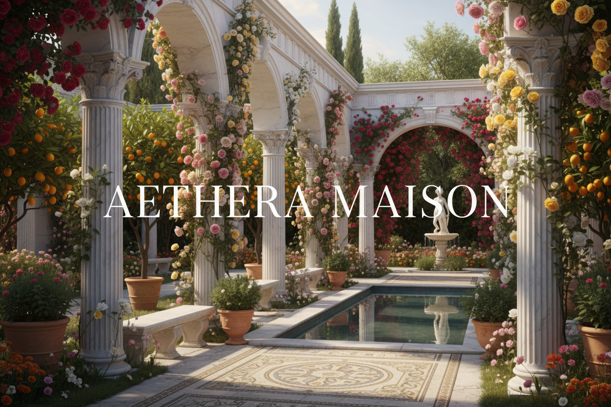 Helenischer garten mit helenischen säulen rosen blüten citronen bäume und orangen mit transparenter lesbarer schrift über das ganze bild: AETHERA MAISON